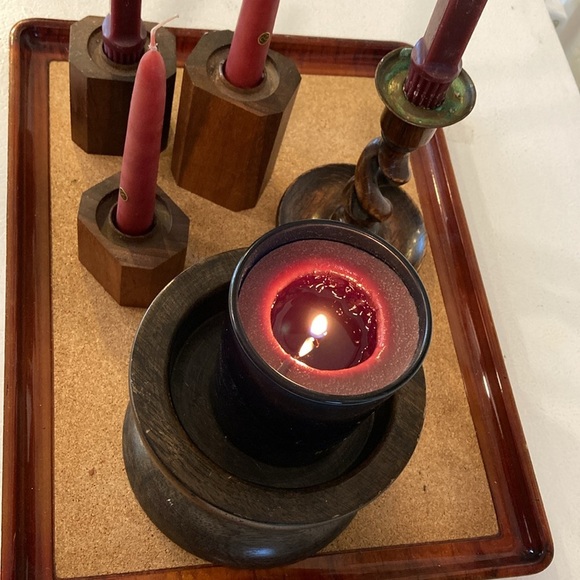 Set/5 Dark Candle Holders 3 Dark Walnut Stacking, 2 Hand Turned Candles decor - Picture 7 of 16